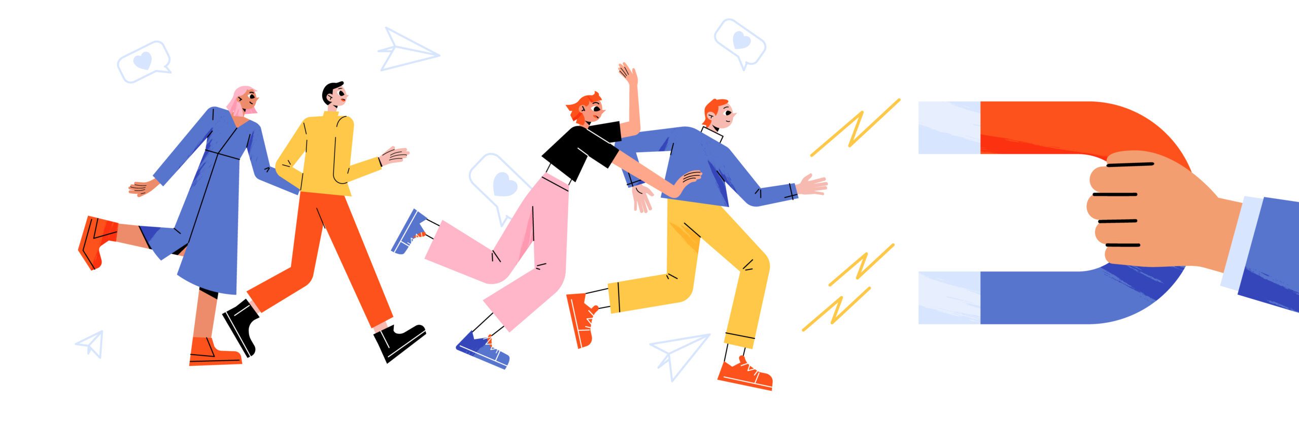Attract and retention customers and loyalty clients concept. Vector flat illustration of people run to hand holding magnet. Business marketing strategy for increase and lead audience